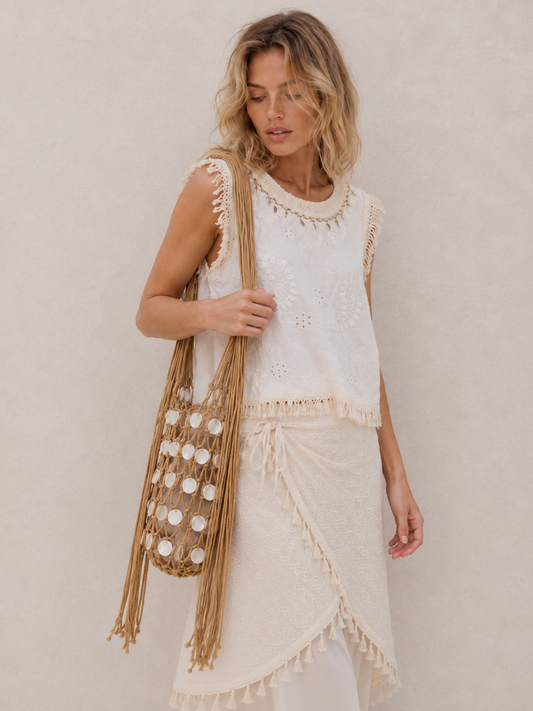 Shell Tassel Decor Mesh Large Shoulder Tote Bag