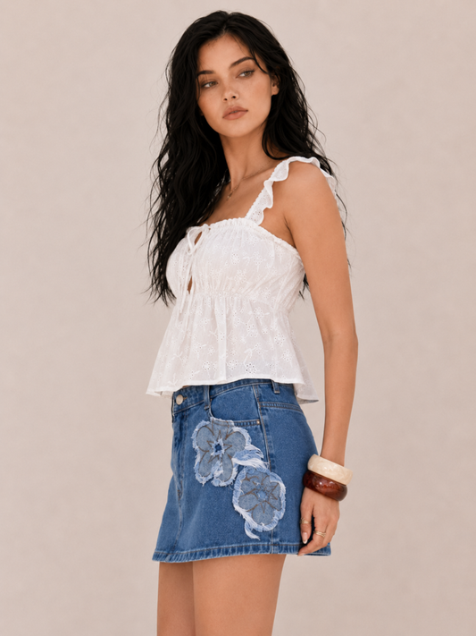 Playful Floral Embroidered A-Line Mini Skirt