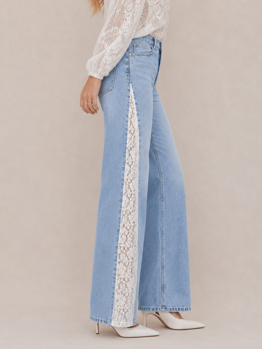Trendy Lace-Panel Straight-Leg Jeans
