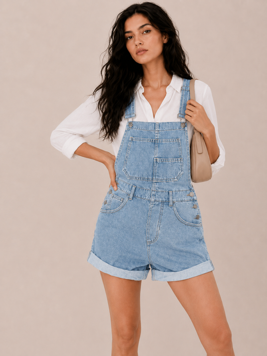 Women's Denim Short Overalls with Pocket Detail
