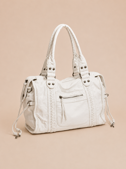 Vintage Zip-Pocket Structured Satchel Bag