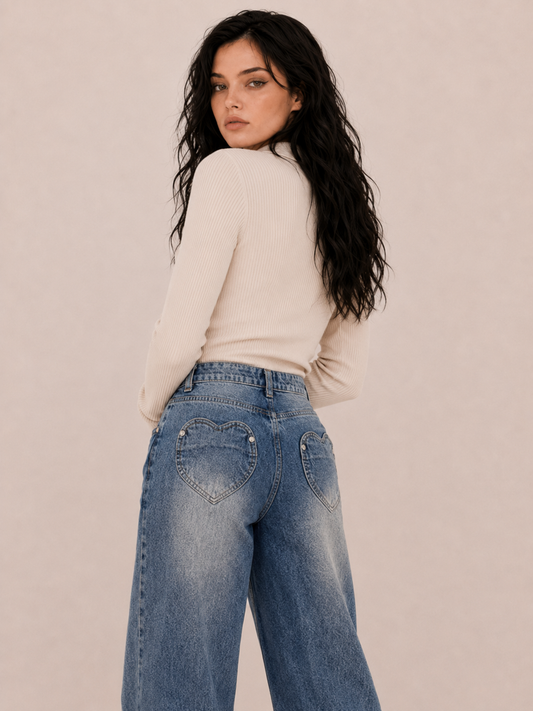 Vintage Heart-Pocket Wide-Leg Pants