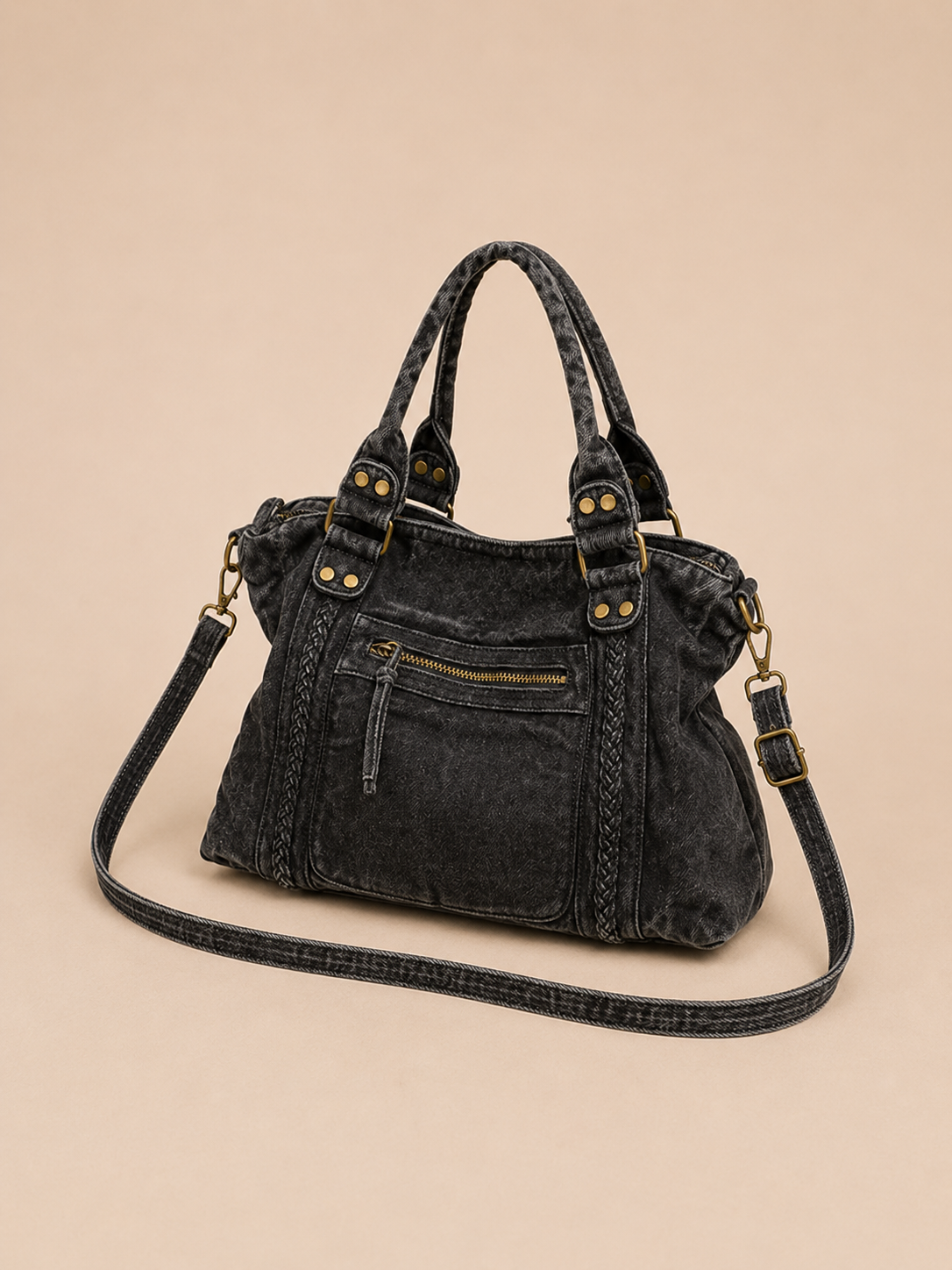 Vintage Braided-Trim Slouchy Satchel Bag