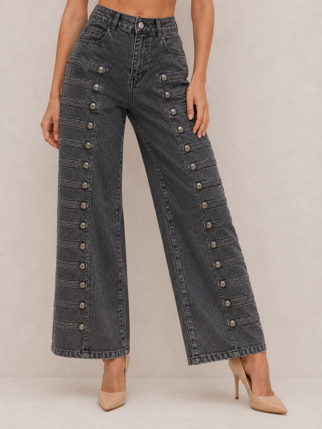 Vintage Button-Tab High-Waist Pants
