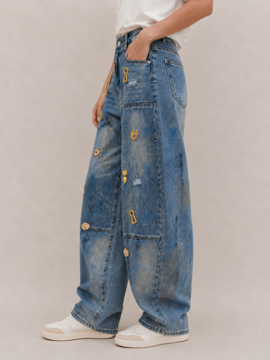 Vintage Charm-Detail Barrel-Leg Pants