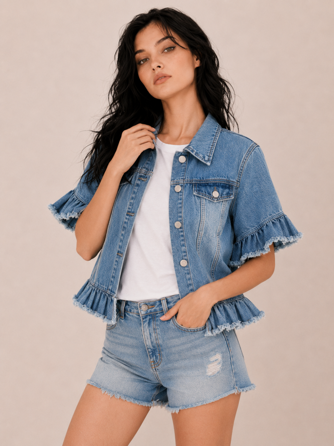 Women's Frayed Denim Cropped Jacket with Casual Fit