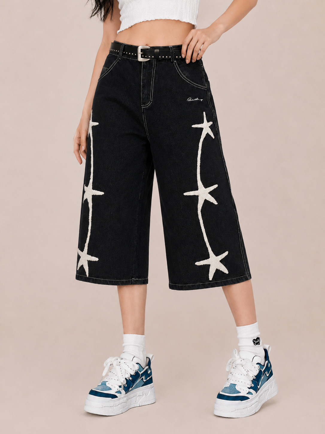 Vintage Star Embroidered Wide-Leg Culottes