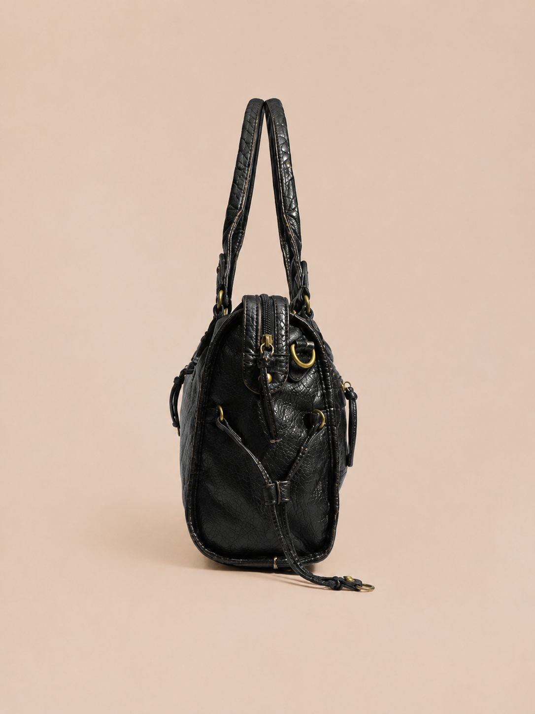 Vintage Zip-Pocket Structured Satchel Bag