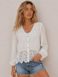 French Lace V Neck Puff Sleeve Blouse