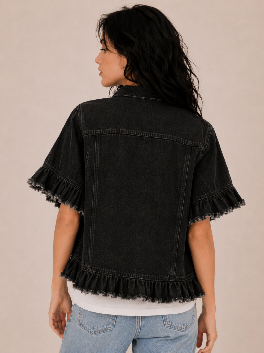 Women's Frayed Denim Cropped Jacket with Casual Fit