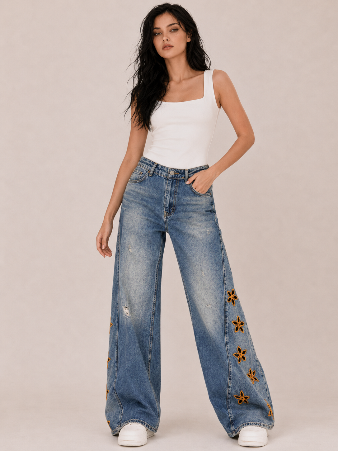 Playful Floral Embroidered Wide-Leg Jeans