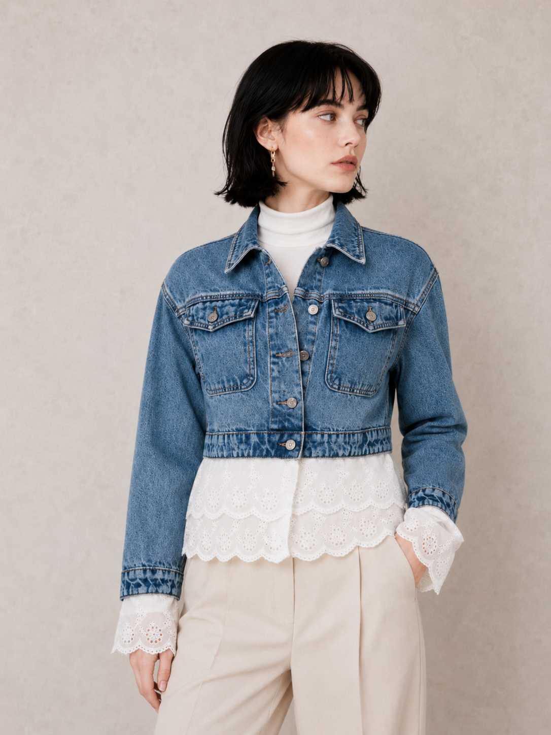 Chic Lace-Trim Cropped Jacket