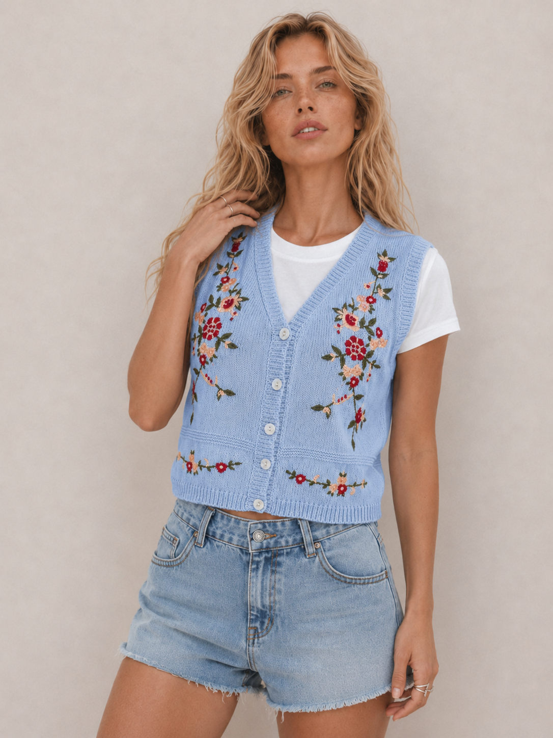 Vintage Floral Sleeveless Knit Waistcoat