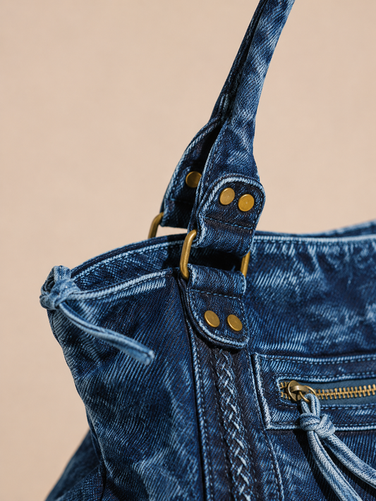 Vintage Braided-Trim Slouchy Satchel Bag