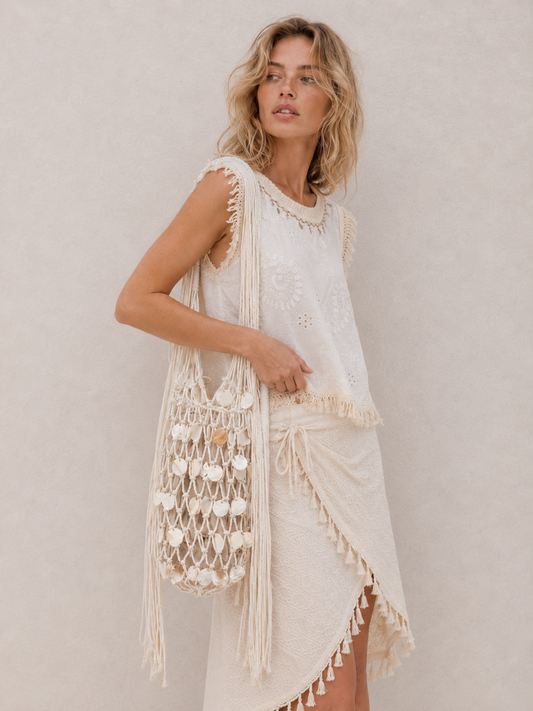 Shell Tassel Decor Mesh Large Shoulder Tote Bag