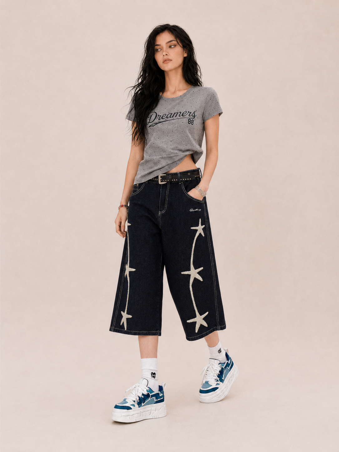Vintage Star Embroidered Wide-Leg Culottes