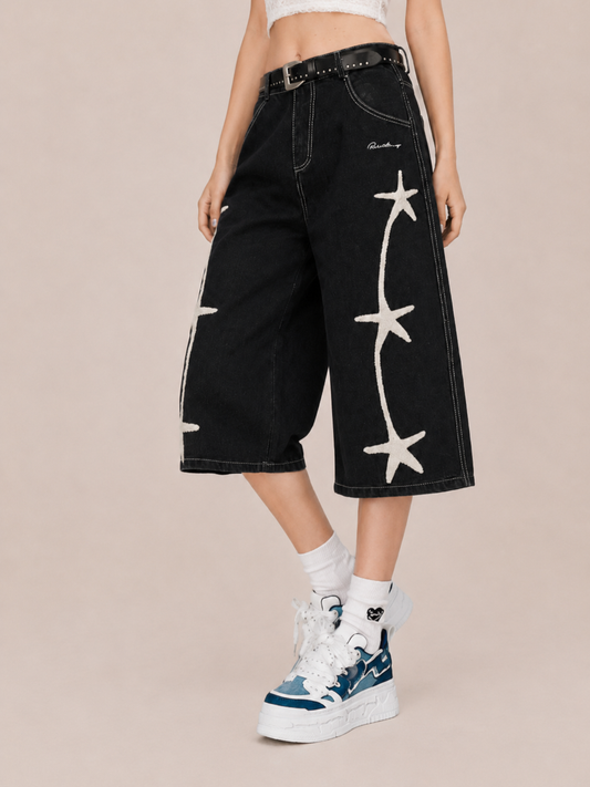 Vintage Star Embroidered Wide-Leg Culottes