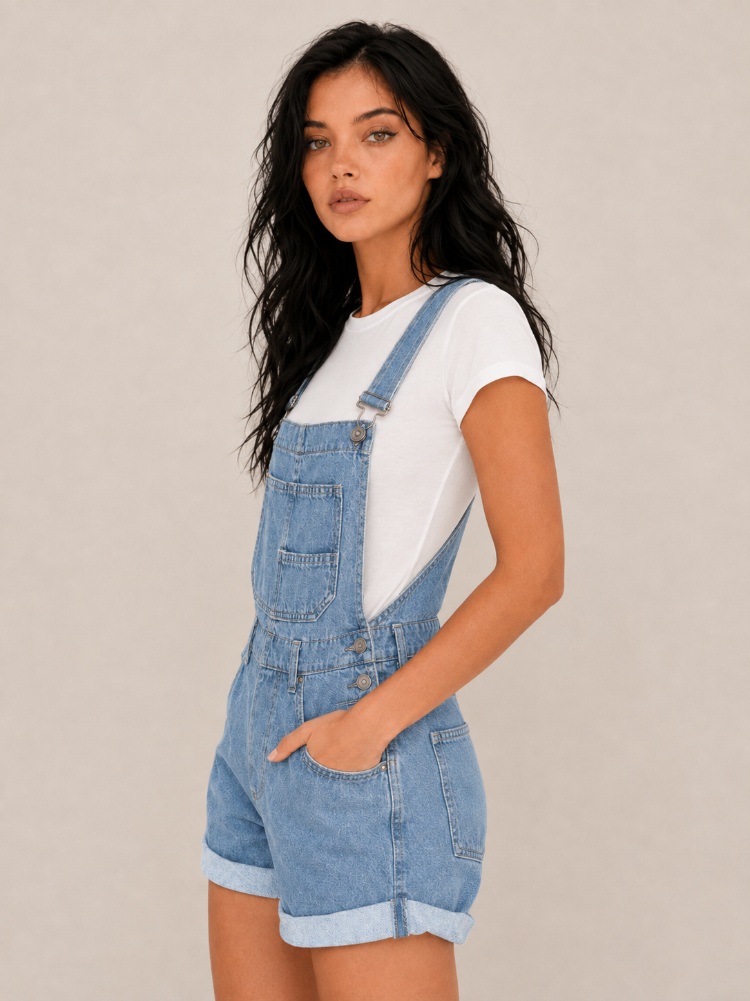 Women's Denim Short Overalls with Pocket Detail