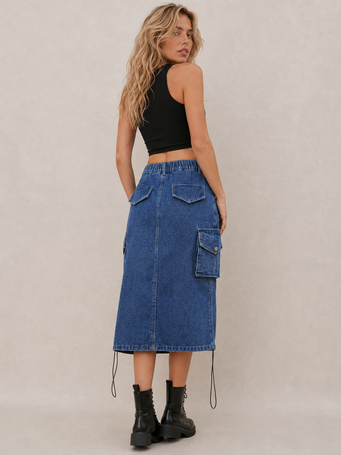 Edgy Cargo Ruched Midi Skirt