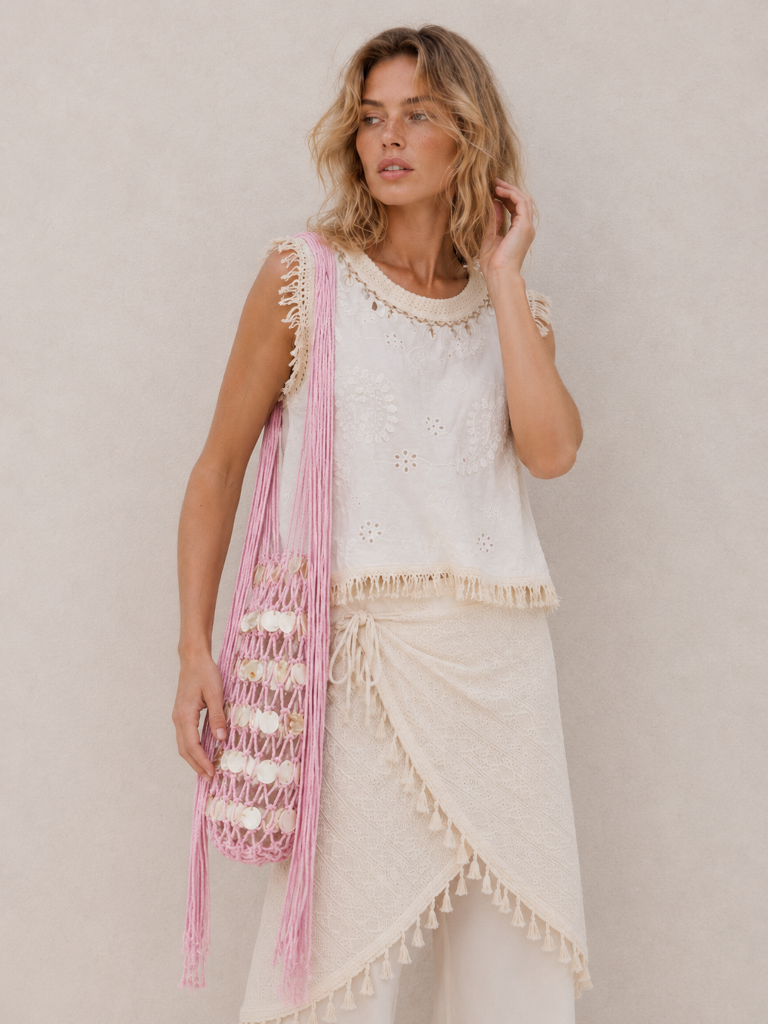 Shell Tassel Decor Mesh Large Shoulder Tote Bag