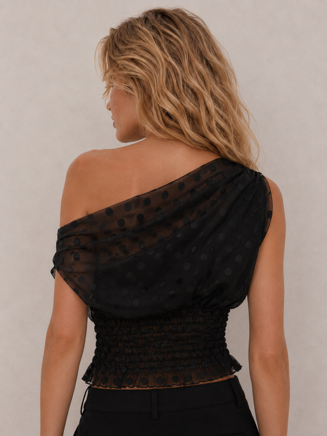 Chic Polka-Dot Fitted One-Shoulder Top