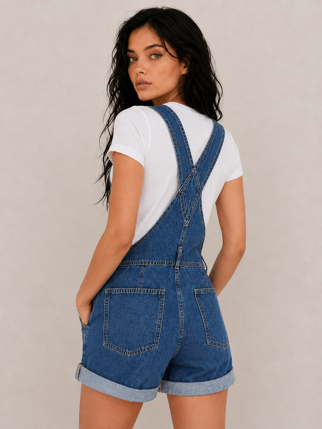 Women's Denim Short Overalls with Pocket Detail