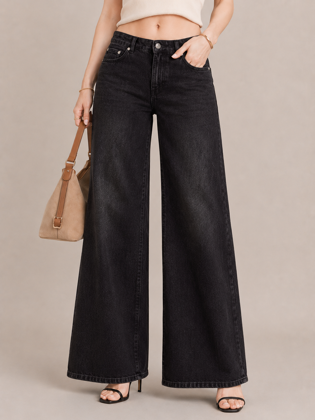 Street Print Detail Baggy Wide-Leg Jeans