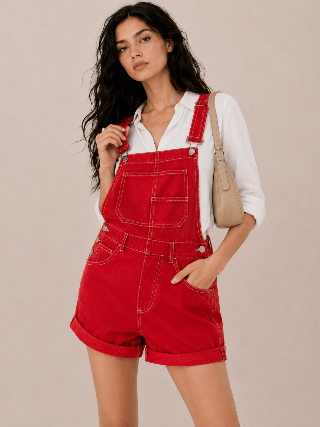 Women's Denim Short Overalls with Pocket Detail