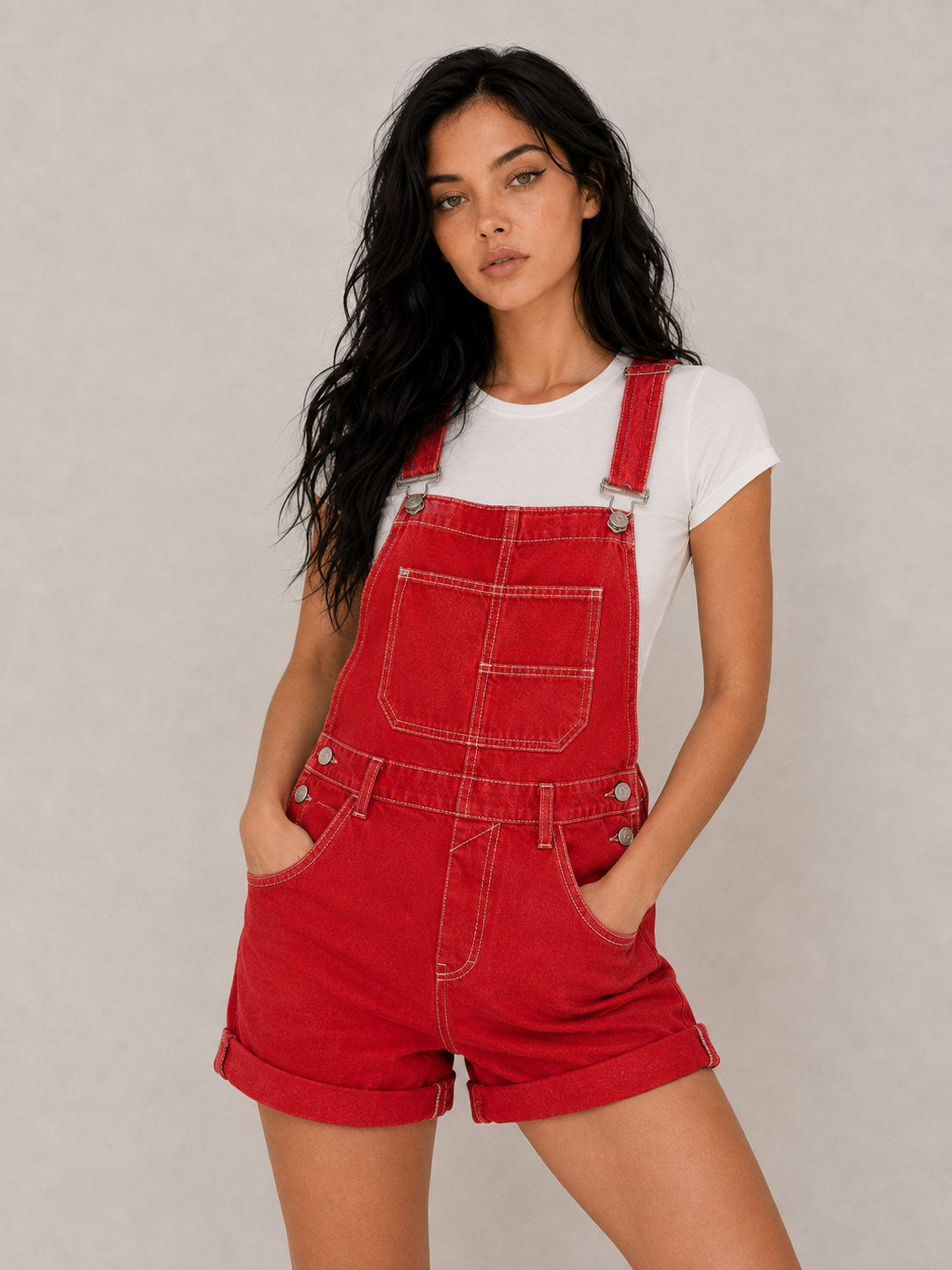 Women's Denim Short Overalls with Pocket Detail