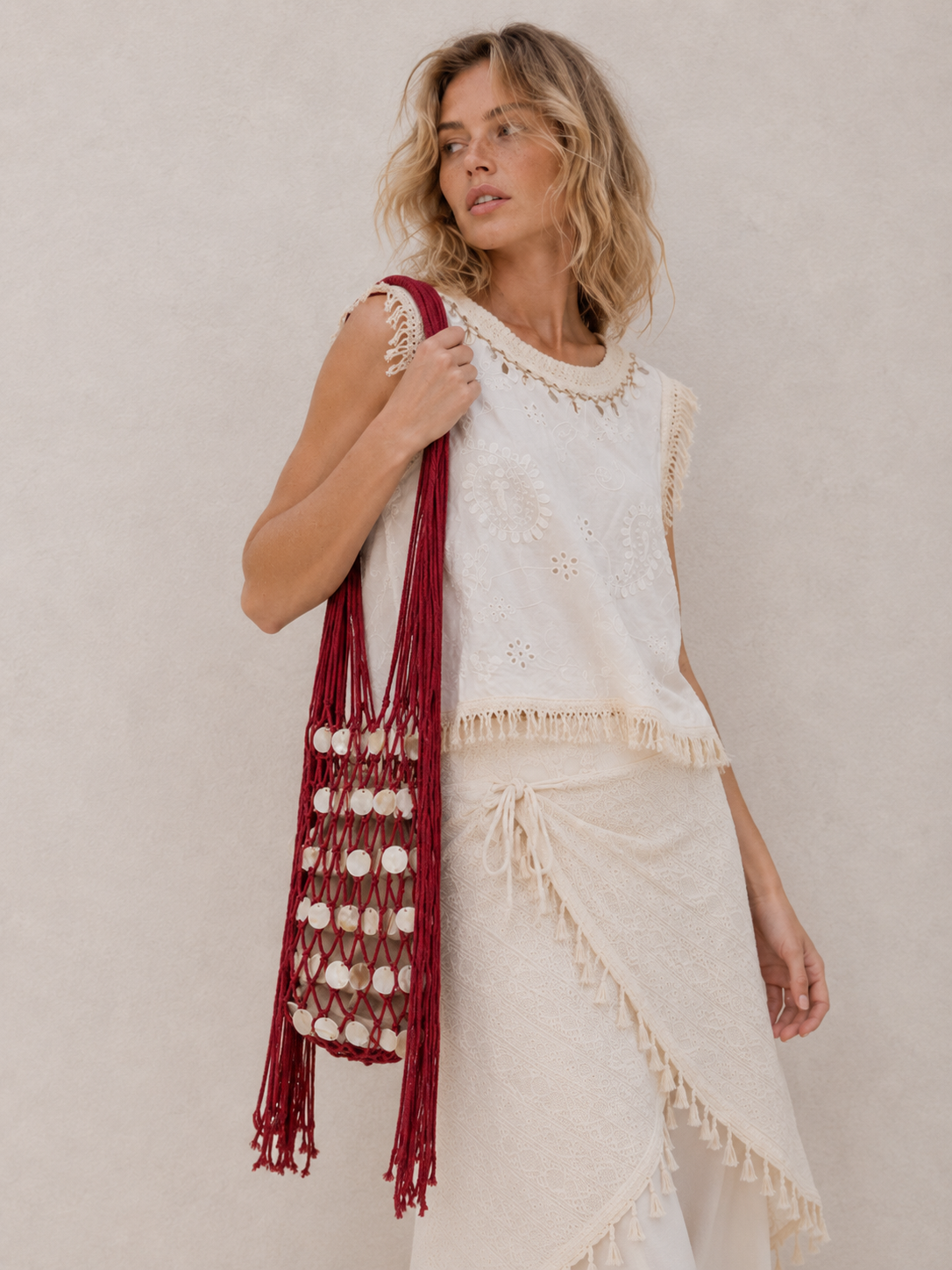 Shell Tassel Decor Mesh Large Shoulder Tote Bag