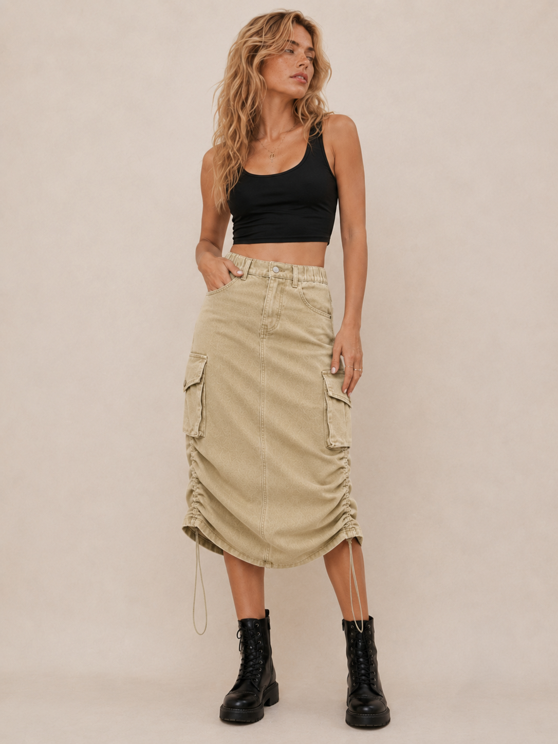 Edgy Cargo Ruched Midi Skirt