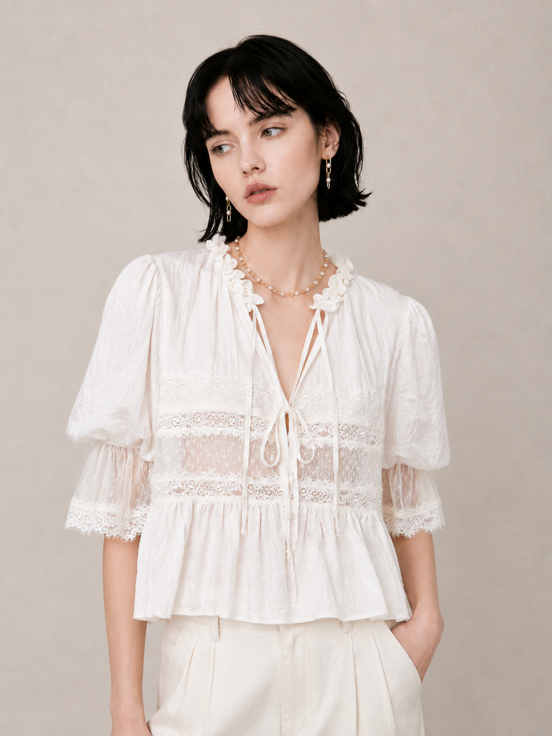 Romantic Lace-Trim Relaxed Blouse