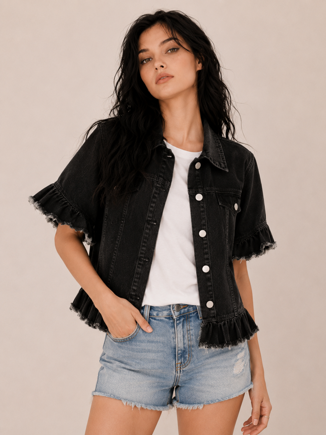 Women's Frayed Denim Cropped Jacket with Casual Fit