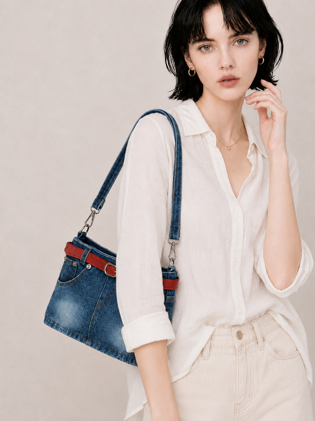 Vintage Belt-Detail Casual Shoulder Bag