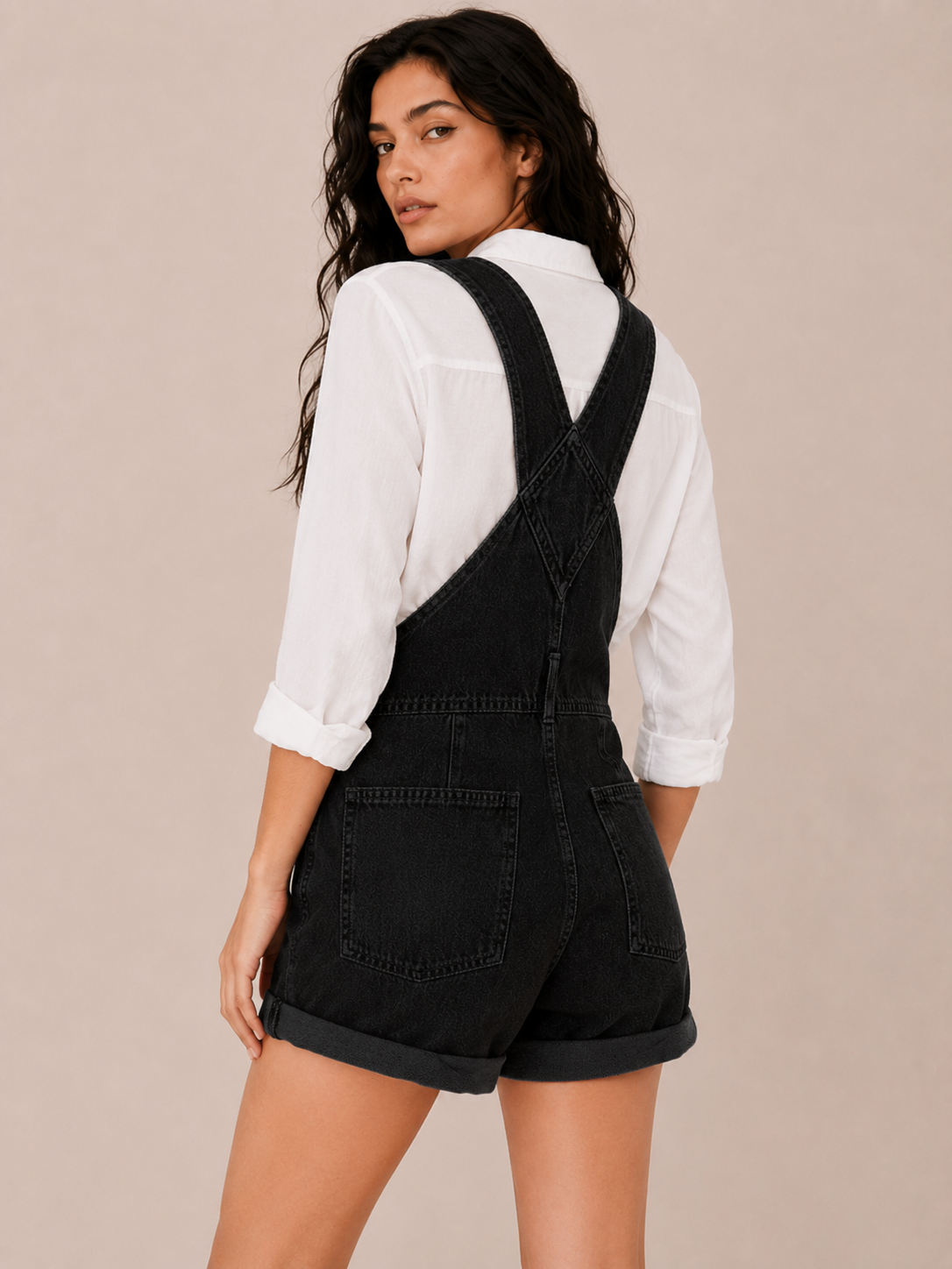 Women's Denim Short Overalls with Pocket Detail