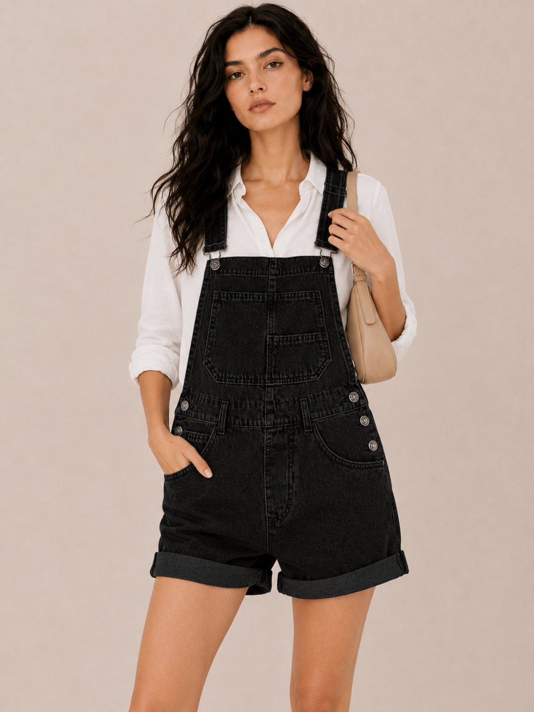 Women's Denim Short Overalls with Pocket Detail