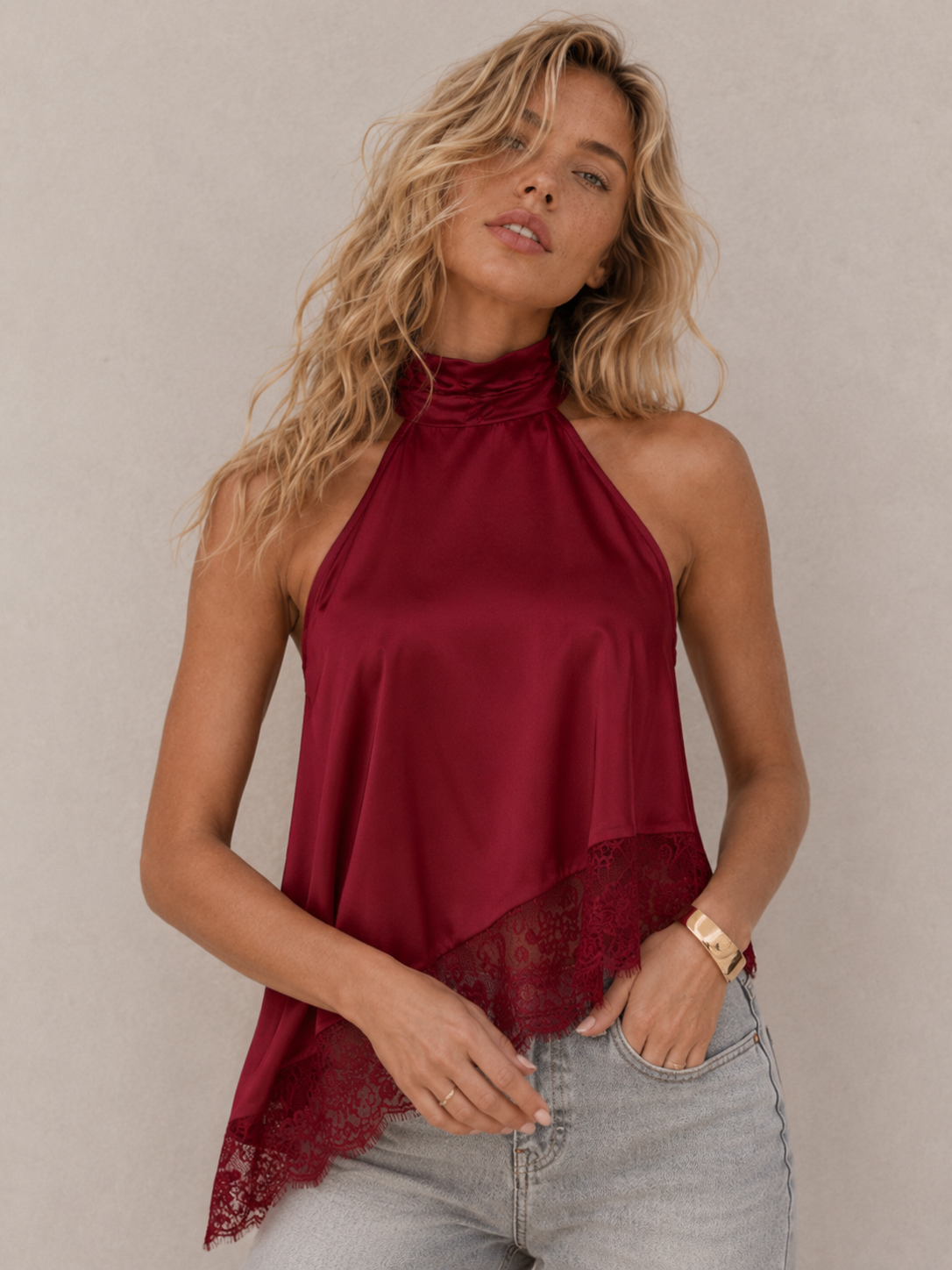 Chic Lace-Trim Asymmetrical Cami Top