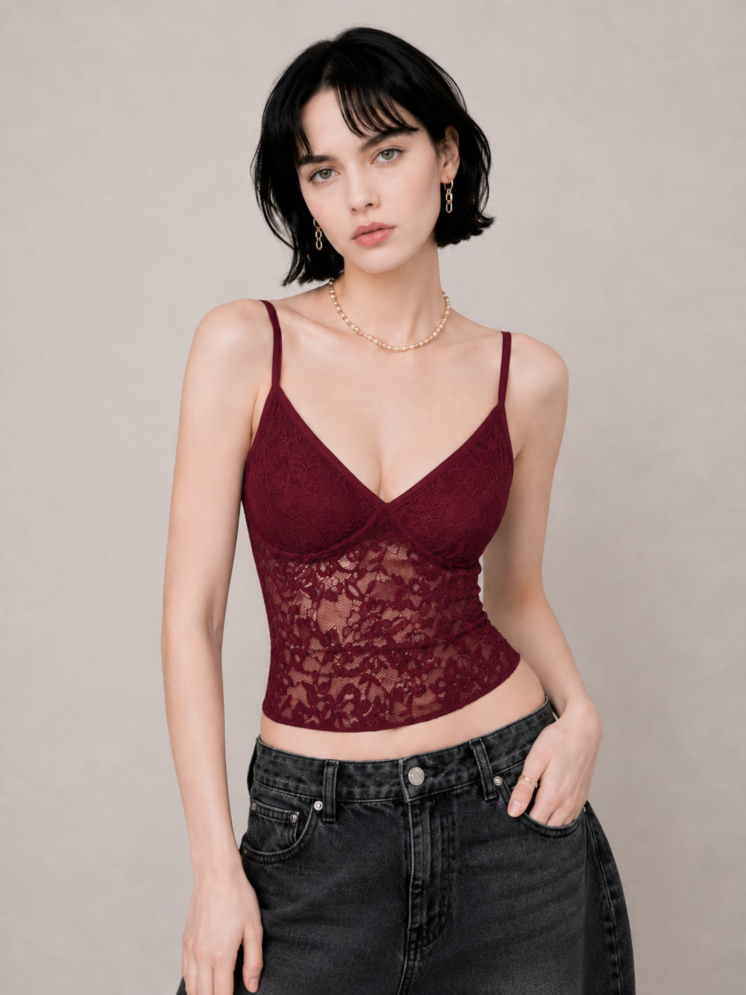 Romantic Lace-Panel Fitted Cami Top
