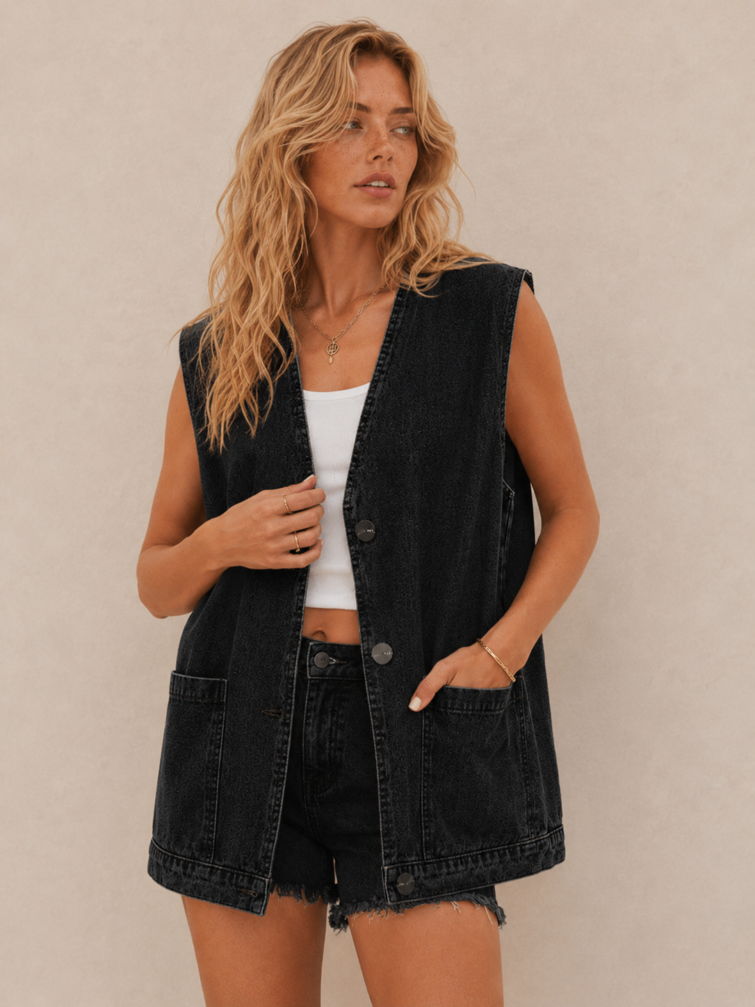 Vintage Lapel-Detail Relaxed Longline Vest