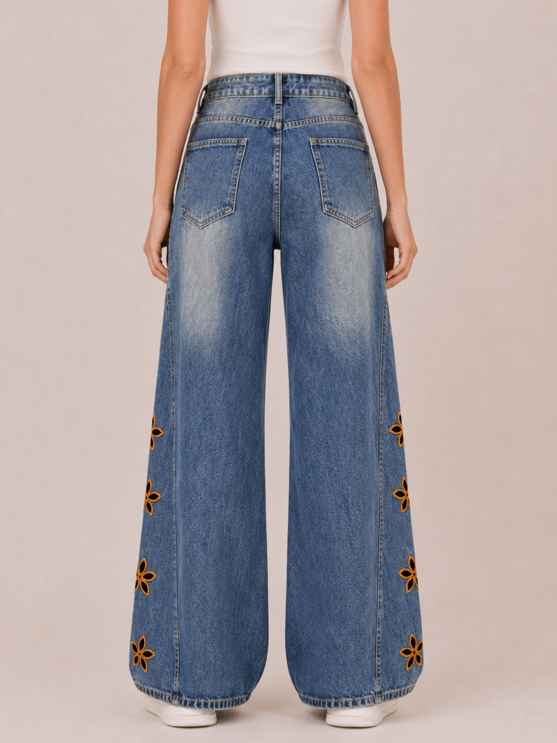 Playful Floral Embroidered Wide-Leg Jeans
