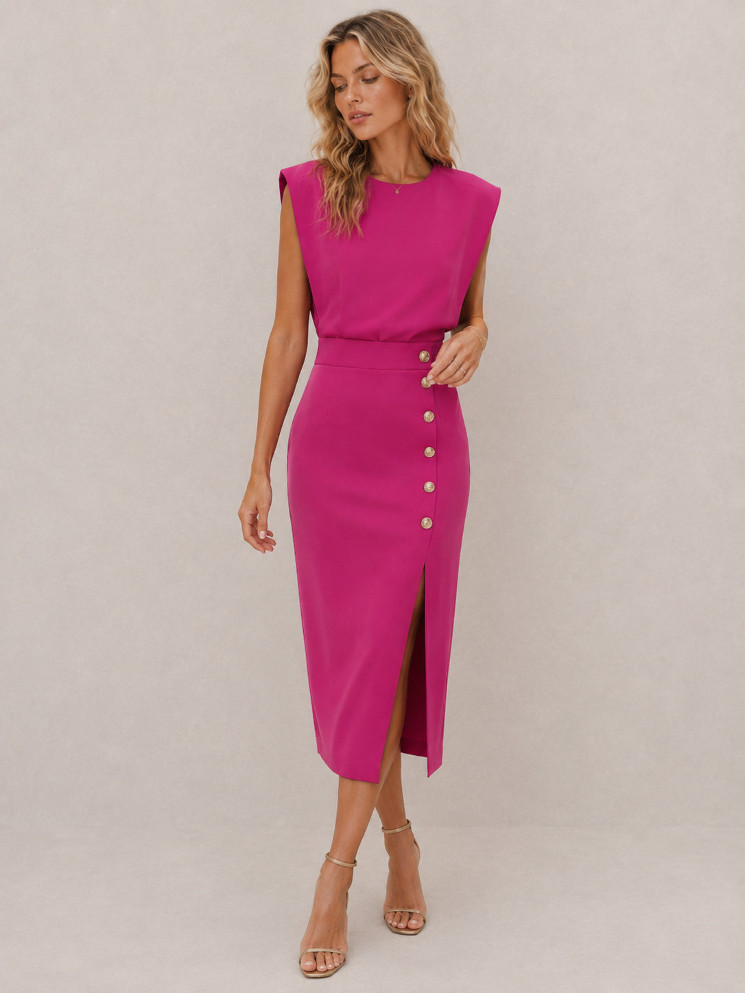 Elegant Button-Front Slit Midi Dress
