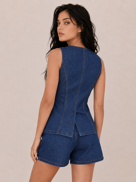 Vintage Button-Front Peplum Shorts Set