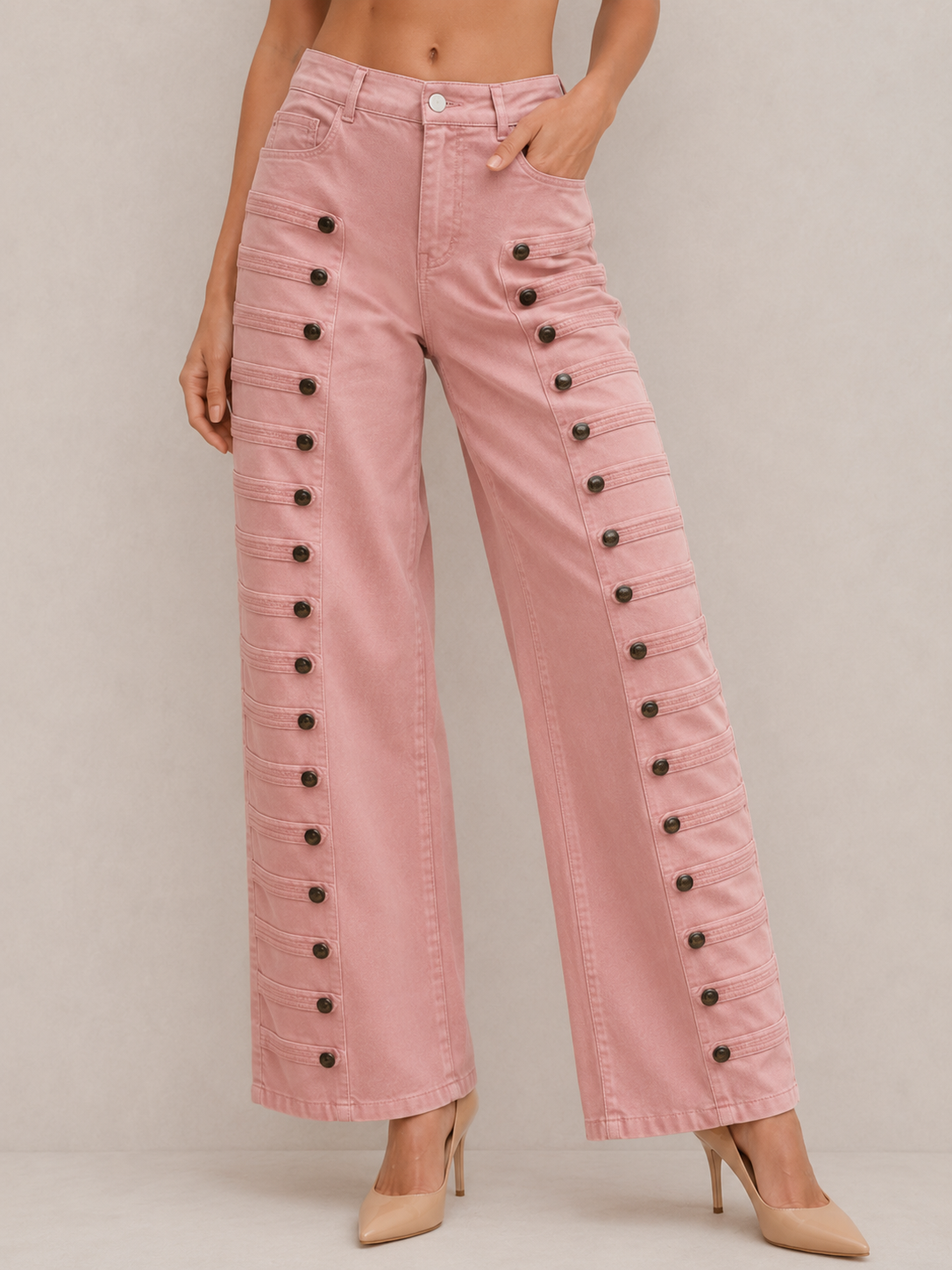 Vintage Button-Tab High-Waist Pants