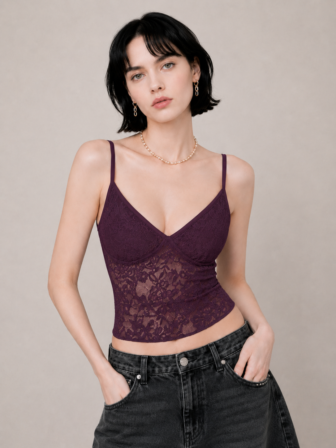 Romantic Lace-Panel Fitted Cami Top