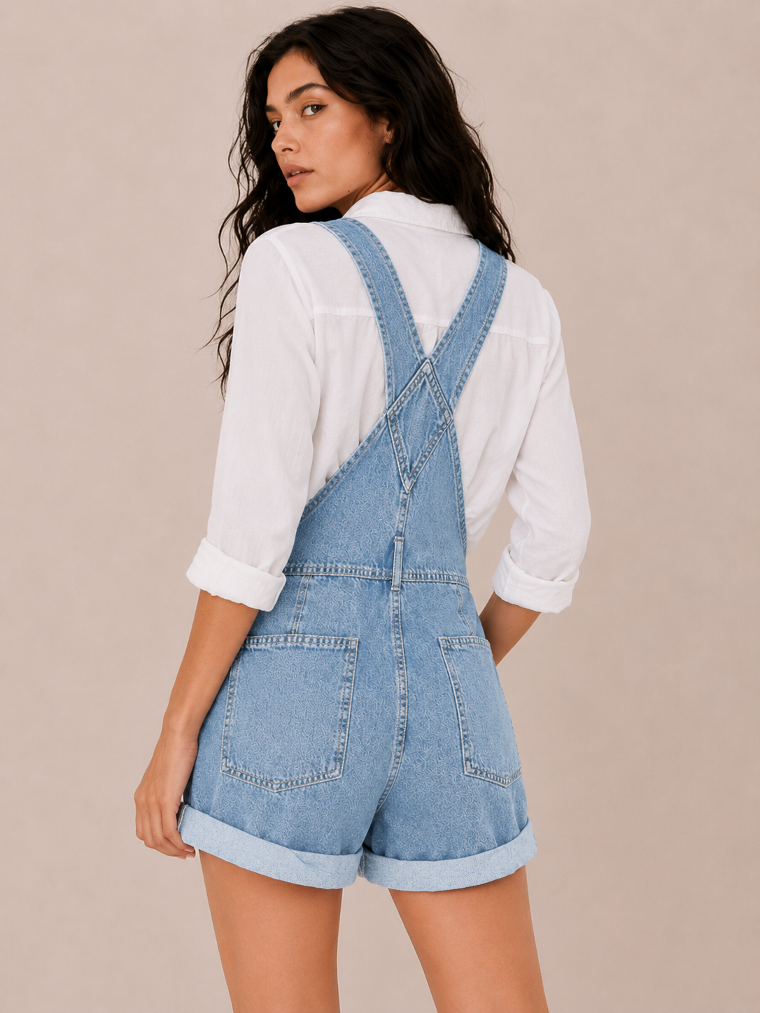 Women's Denim Short Overalls with Pocket Detail