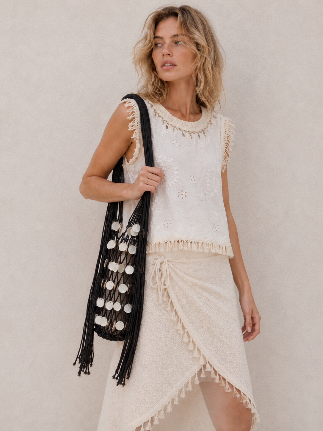 Shell Tassel Decor Mesh Large Shoulder Tote Bag