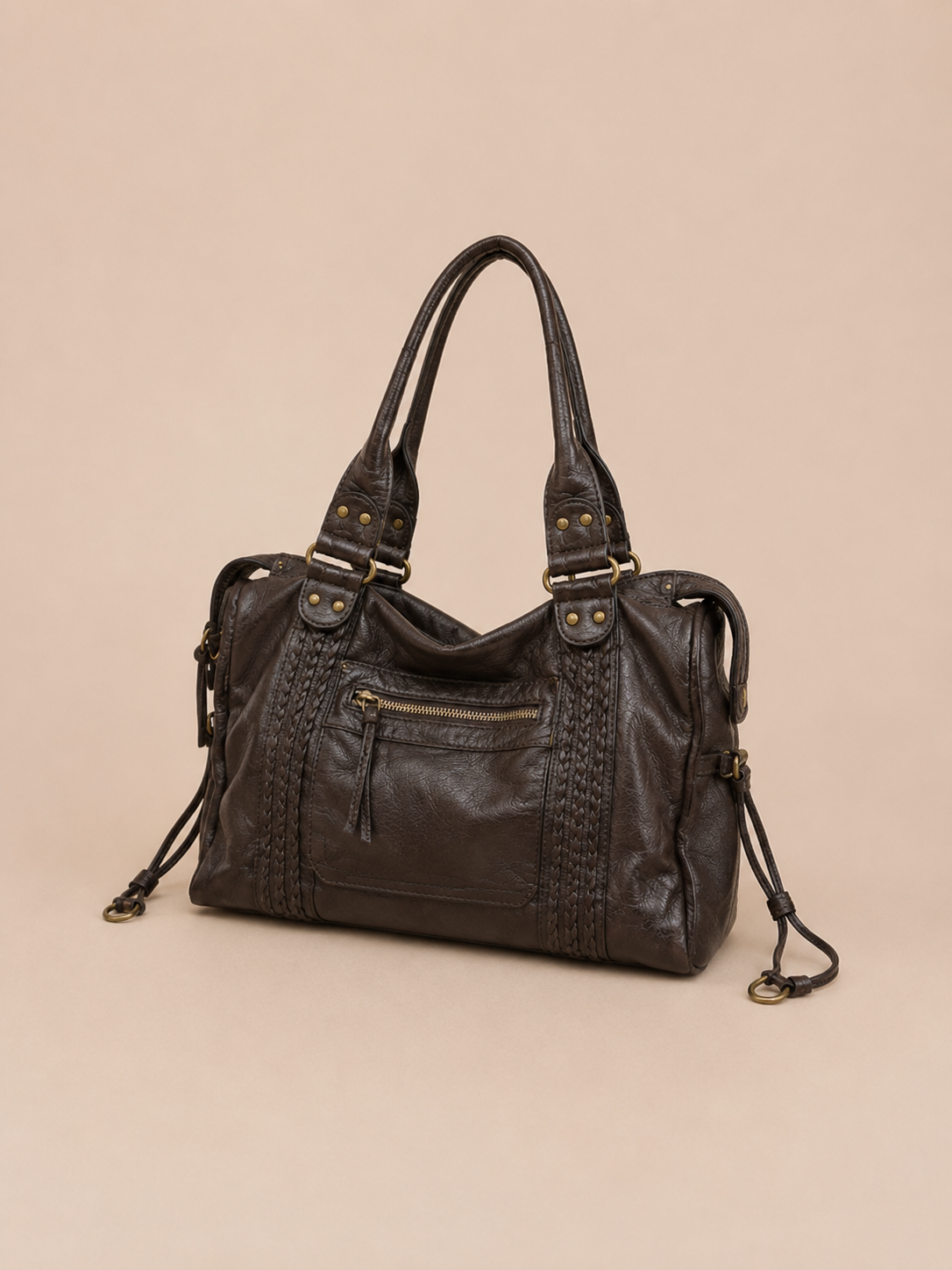 Vintage Zip-Pocket Structured Satchel Bag