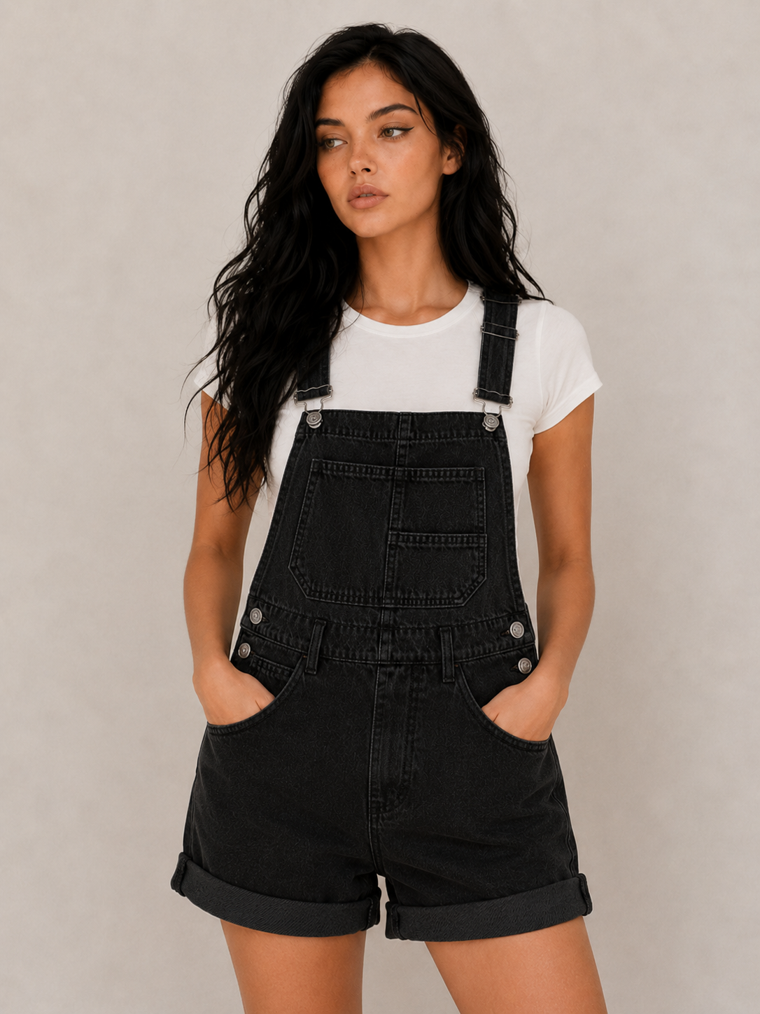 Women's Denim Short Overalls with Pocket Detail