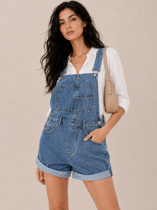 Women's Denim Short Overalls with Pocket Detail