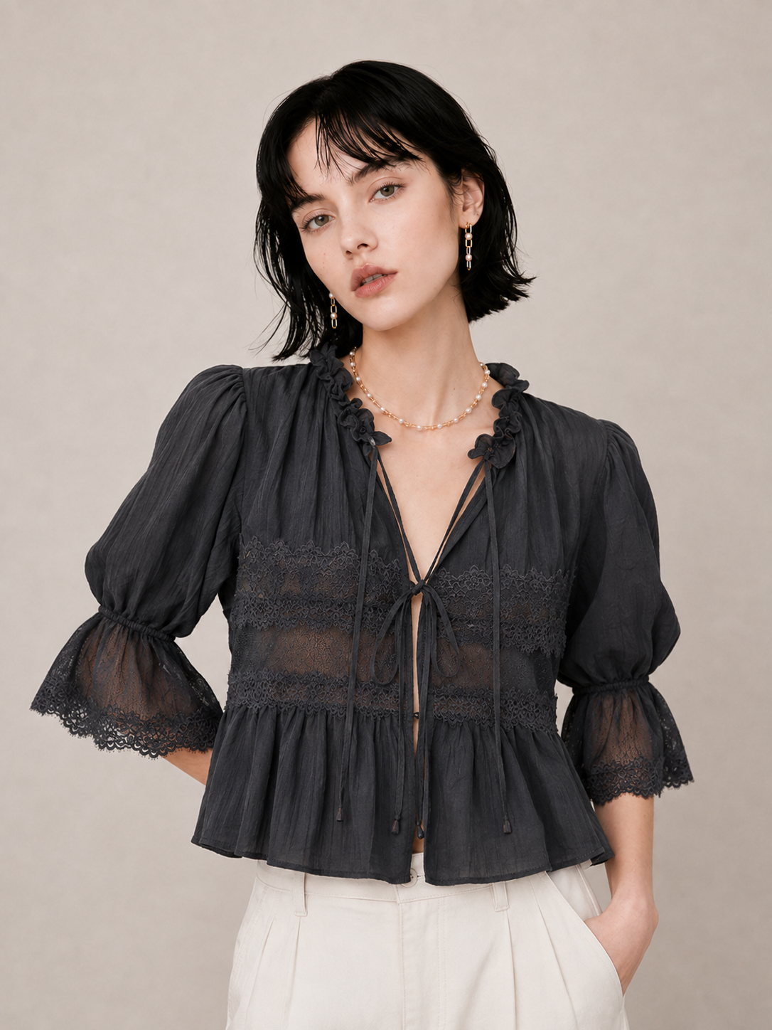 Romantic Lace-Trim Relaxed Blouse